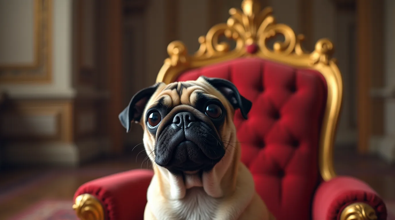 Illustration: ein Mops auf einem Thron, kaiserlicher Hofstaat im Hintergrund